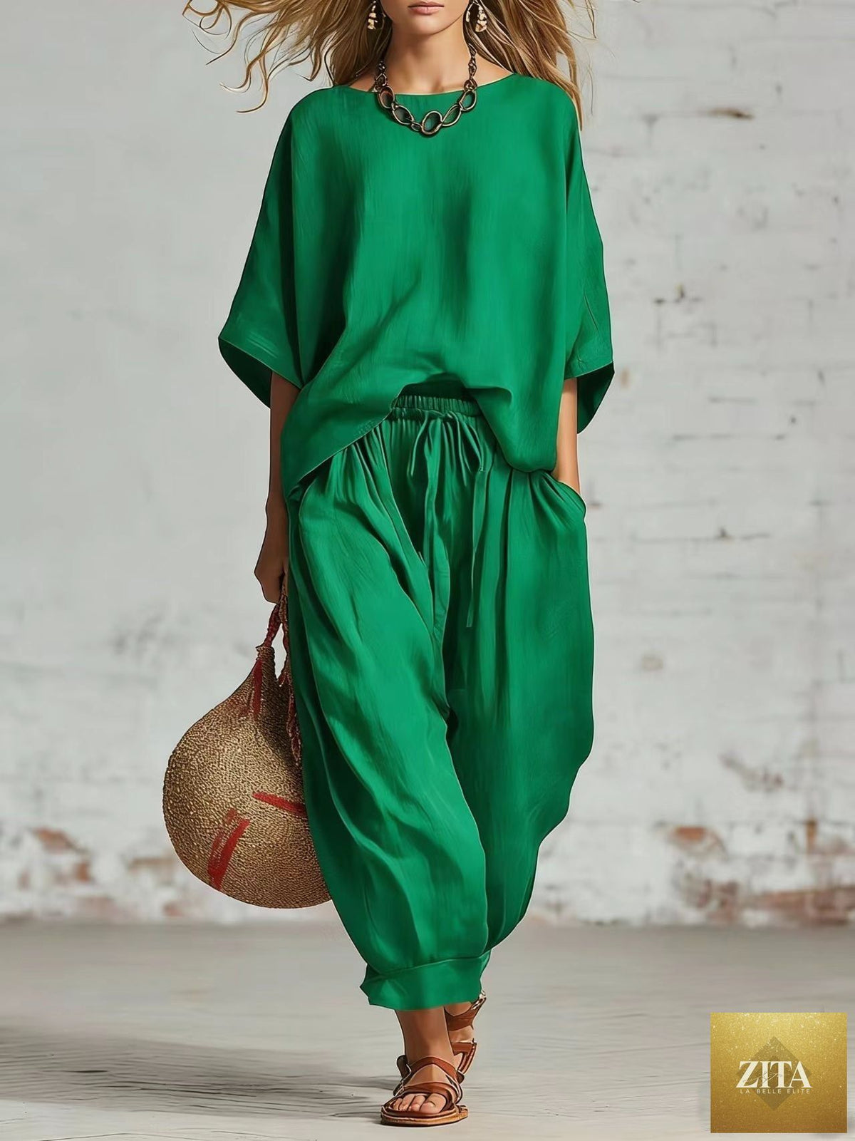 Zita La Belle Elite women's casual set with solid color loose t-shirt and ankle pants, comfortable and stylish casualwear.