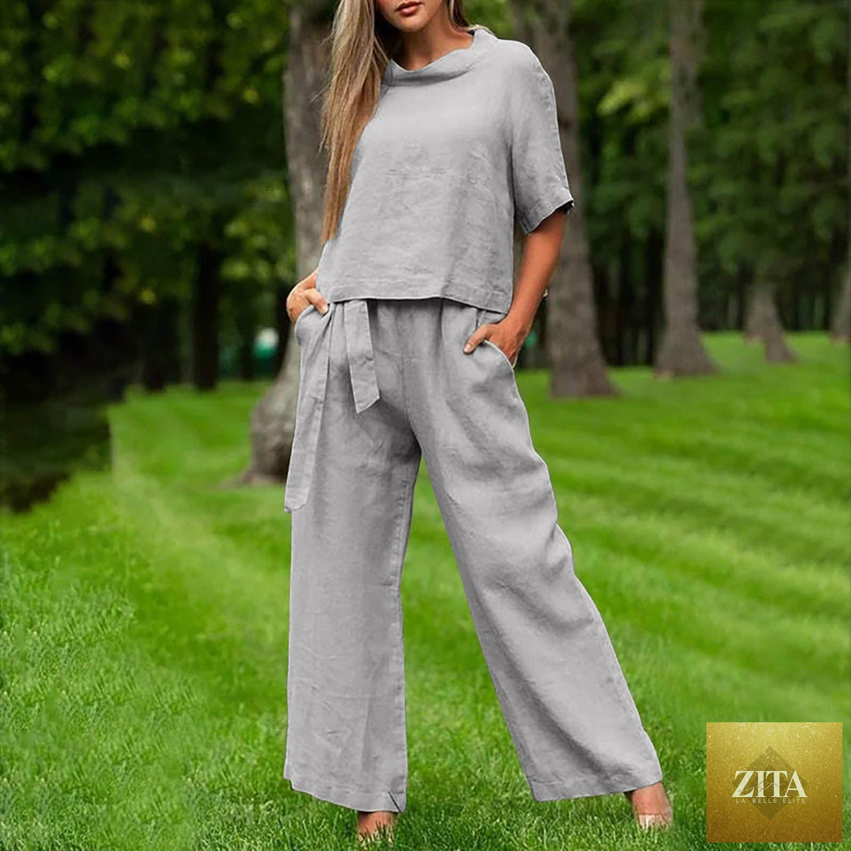 Zita La Belle Elite activewear set with round-neck 3/4 sleeve top and matching pants in various colors, available in sizes S to XXL.