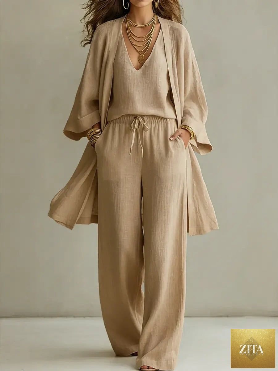 Zita La Belle Elite women's three-piece casualwear set with V-neck cardigan coat, pocket vest, and long pants shown on a model