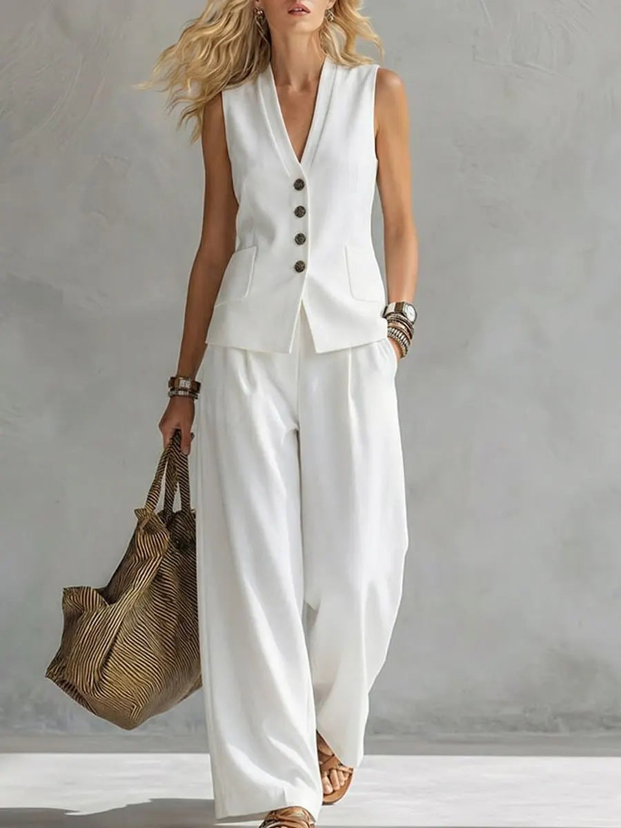 Women's solid linen sleeveless tank top and full-length pants set by FitiqueFit, casualwear outfit, light and breathable fabric.