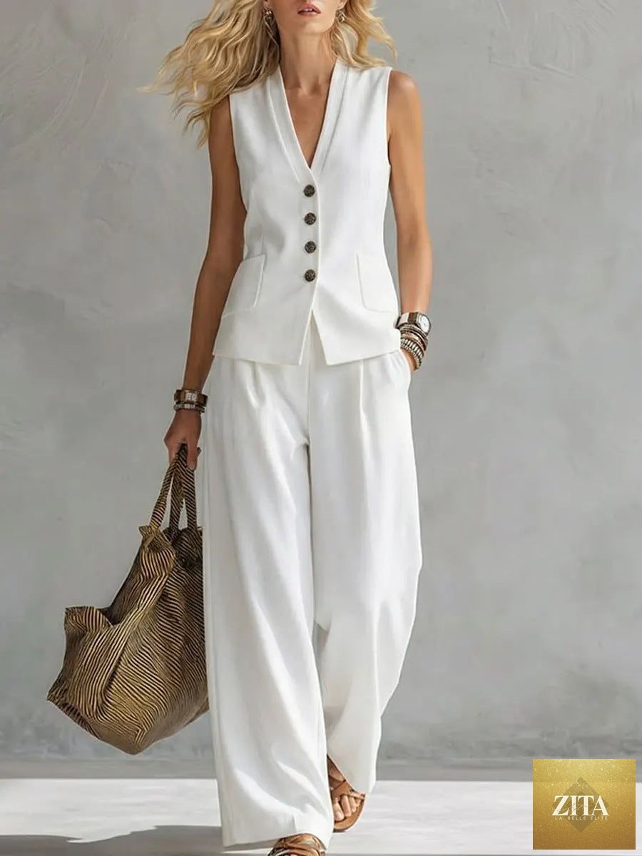 Women’s solid linen sleeveless tank top and full-length pants set by Zita La Belle Elite, featuring lightweight, casual summer wear.