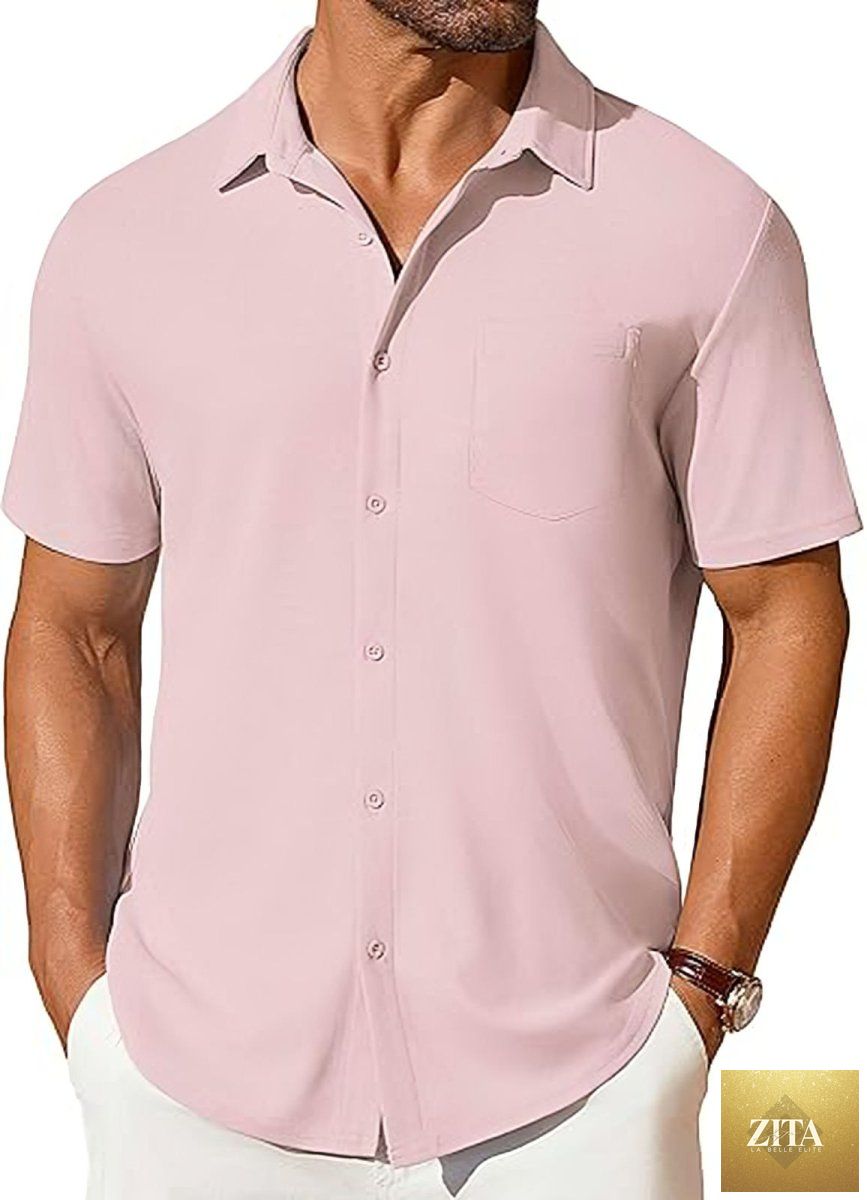 Mandotos men's short-sleeve button-up shirt with wrinkle and crease-resistant fabric, shown in a casual fit.