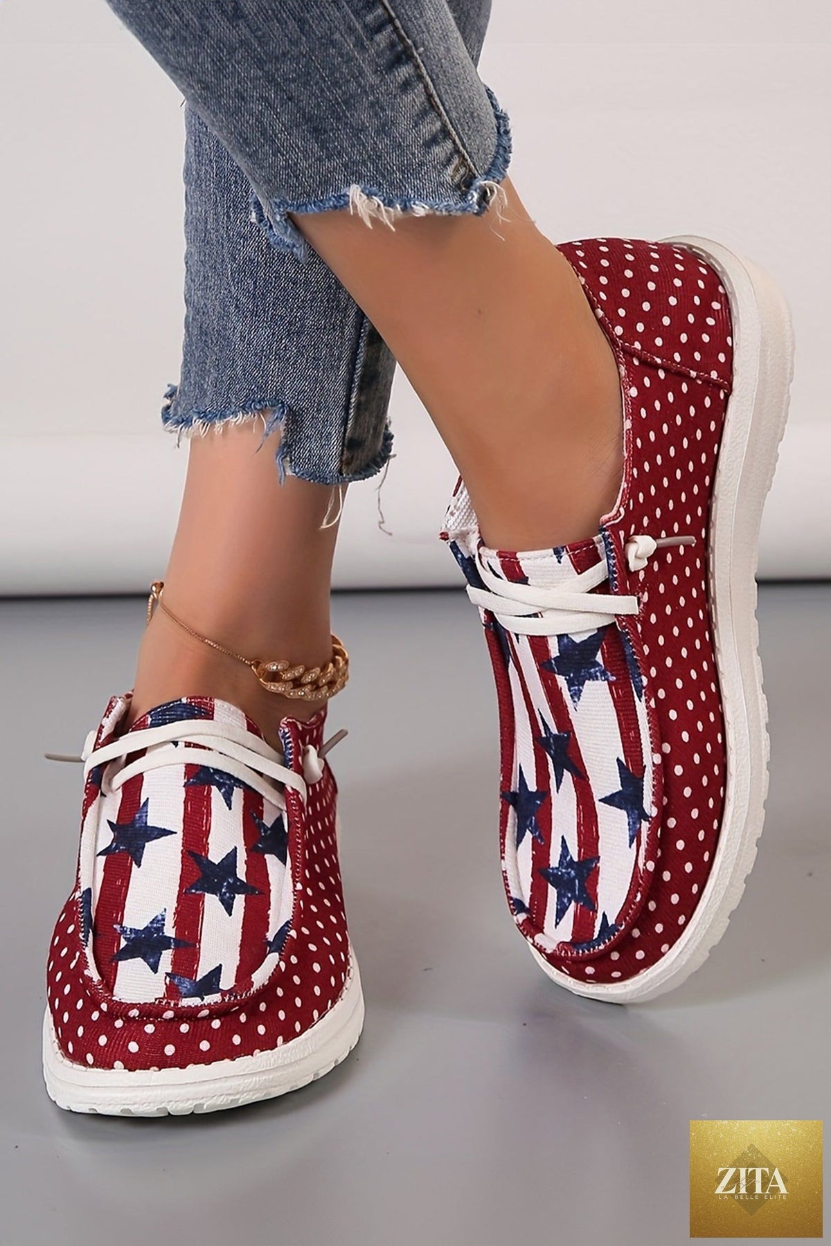 Women's casual shoes by Wild and Free Boutique featuring red polka dots, stars, and stripes design for Independence Day celebration.