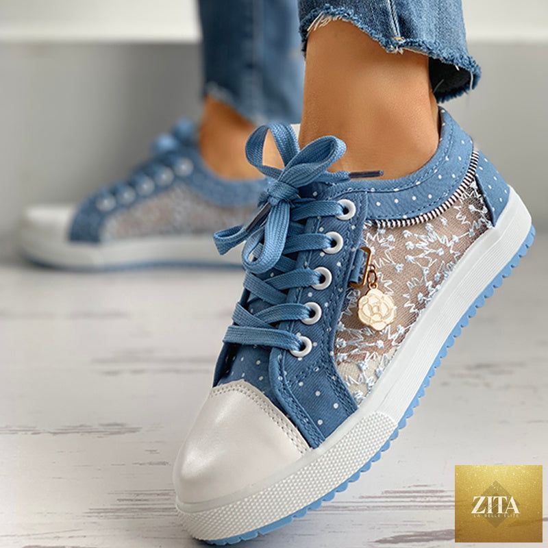 Women's floral embroidered polka dot print sneakers by FitiqueFit, casual canvas shoes with colorful embroidery and polka dot design.