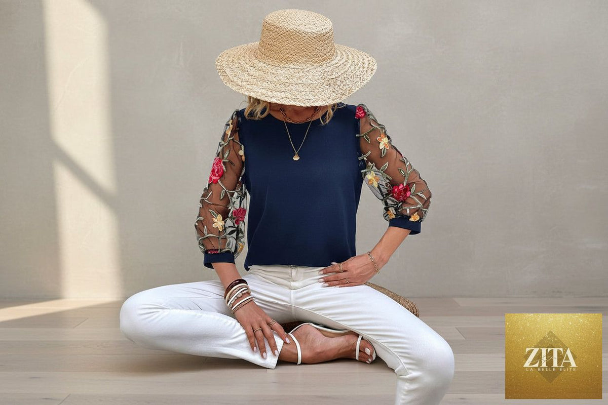 Women's mesh patchwork three-quarter sleeve top by Zita La Belle Elite, featuring casual chic design with stylish mesh and patchwork details.