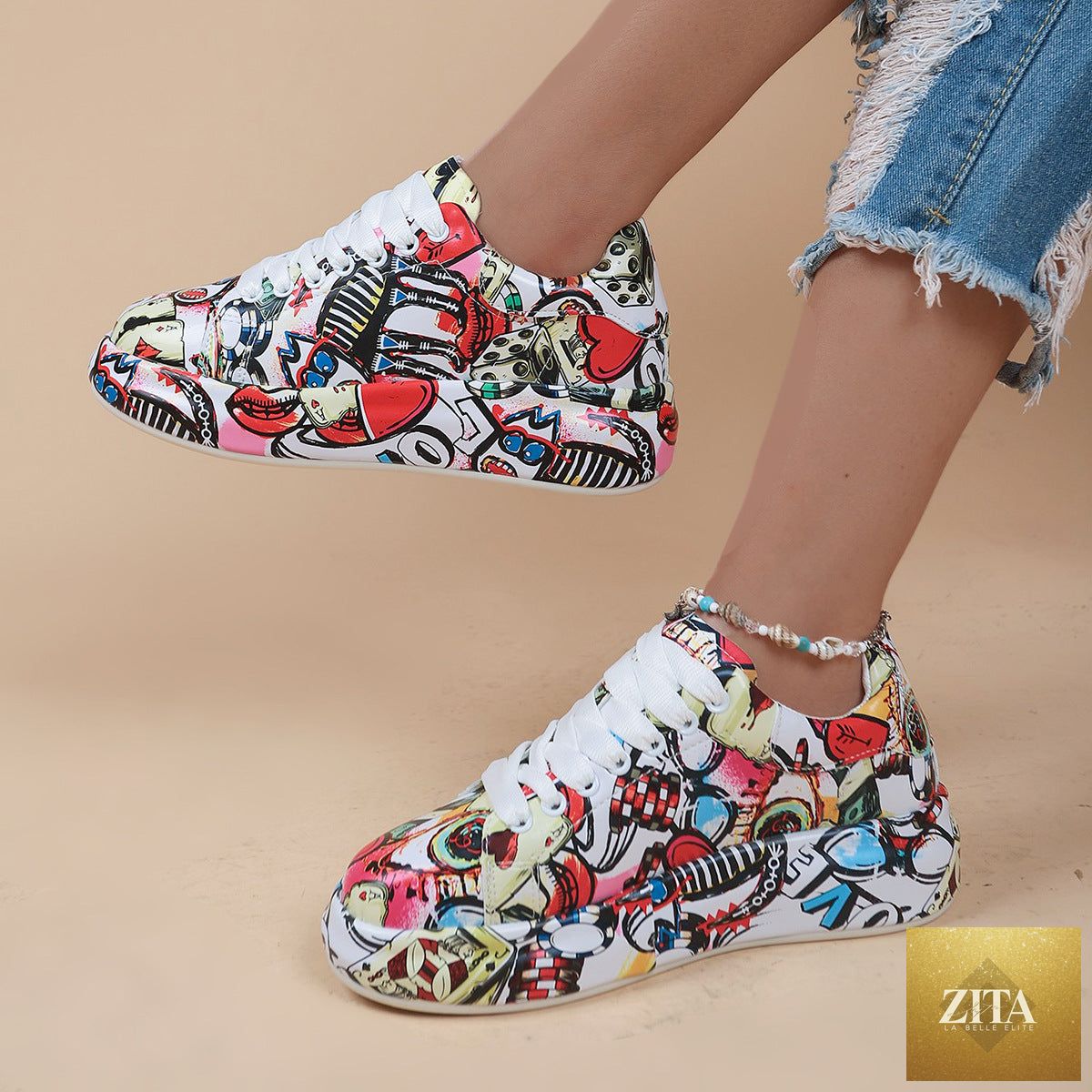 Women's FitiqueFit round-toe thick-sole lace-up sneakers with casual print, stylish and comfortable footwear for everyday wear.