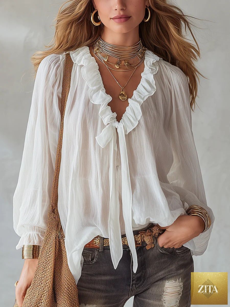 Zita La Belle Elite V-neck loose-fit casual shirt top in light fabric, showcased in a neutral color with a relaxed fit.