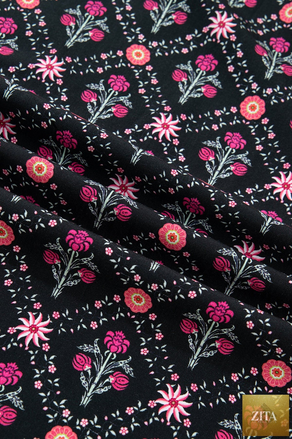 Black contrast V-neckline blouse with bracelet sleeves and vintage floral pattern, stylish top from Wild and Free Boutique.