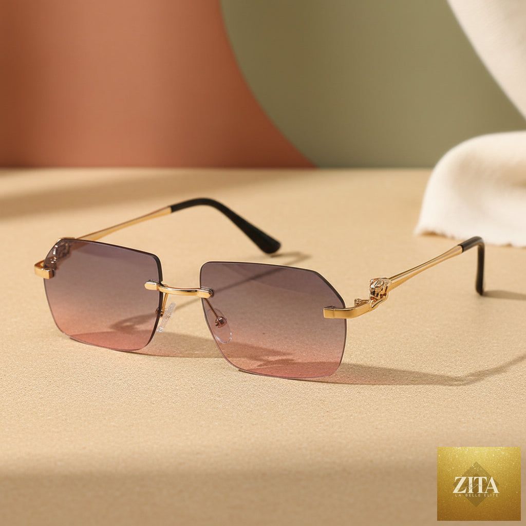 Gold frame Cheetah Rimless sunglasses by FitiqueFit, featuring a bold cheetah print and sleek rimless design for hip-hop style.
