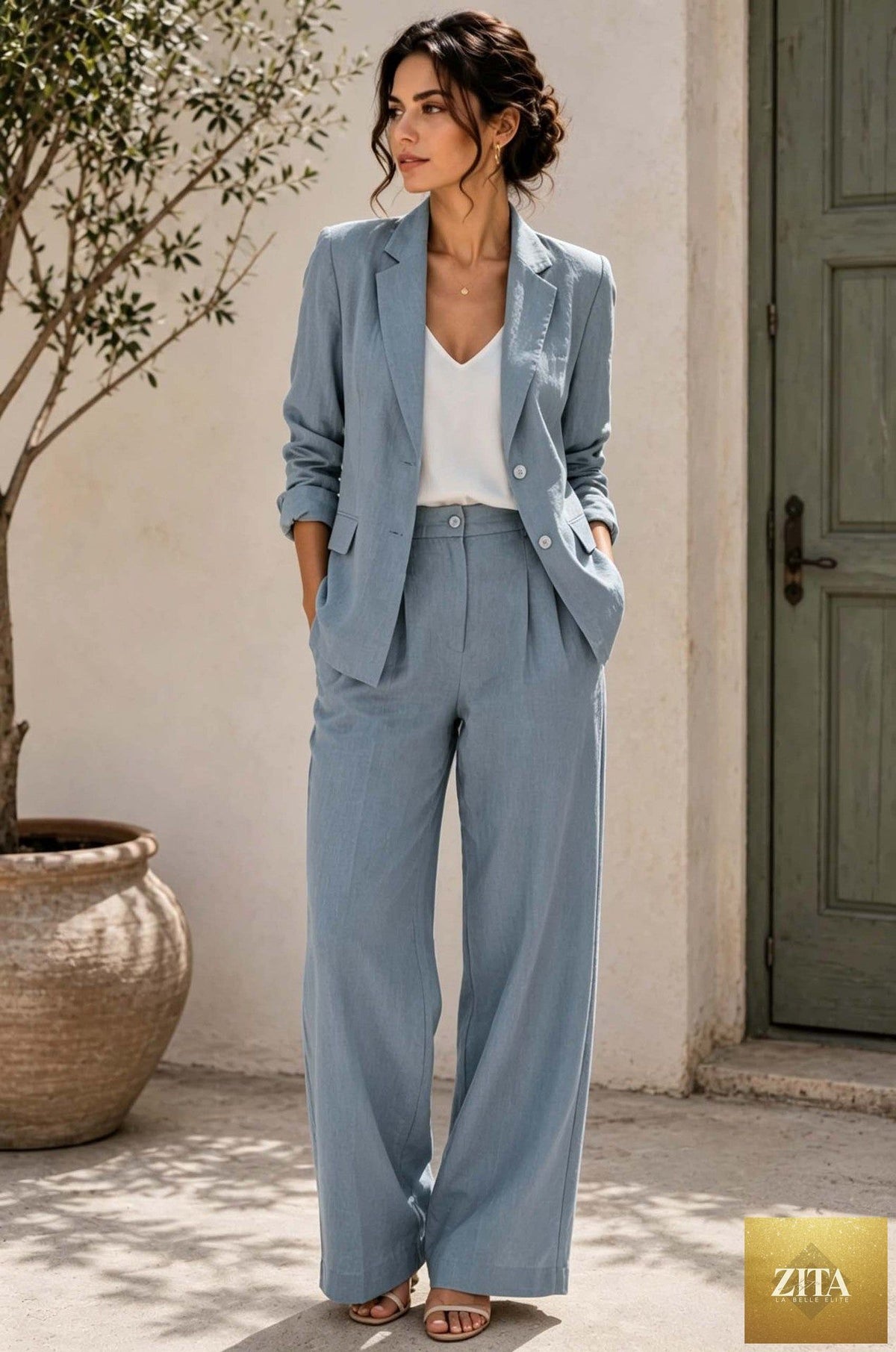 Women's Linen-Look Oversized Double-Breasted Blazer & Wide-Leg Pleated Trouser Suit Set