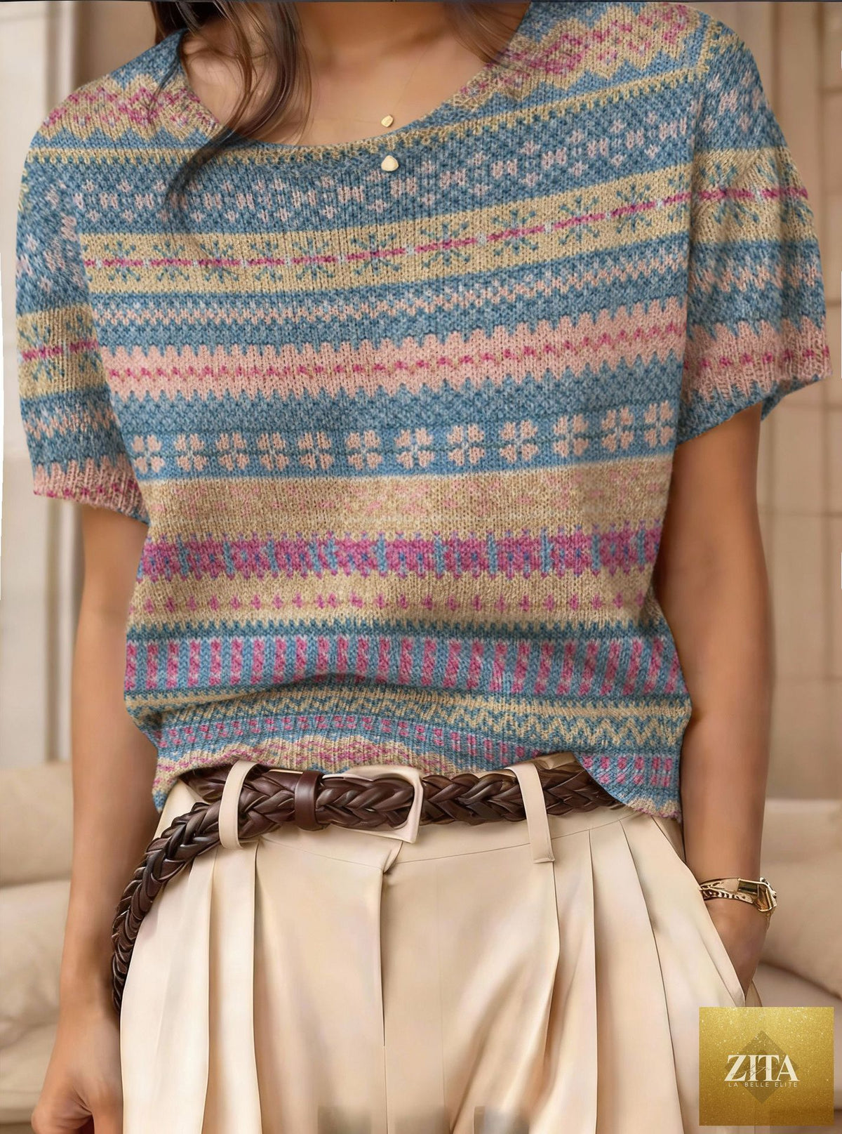 Women's retro short-sleeve jacquard knit top by Zita La Belle Elite, featuring intricate woven pattern and casual fit.