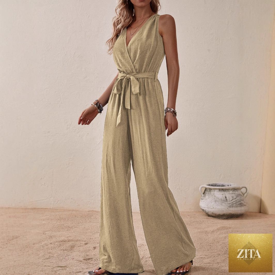 Women's high-waist sleeveless jumpsuit by Zita La Belle Elite, made of ice silk with a casual wide-leg design.