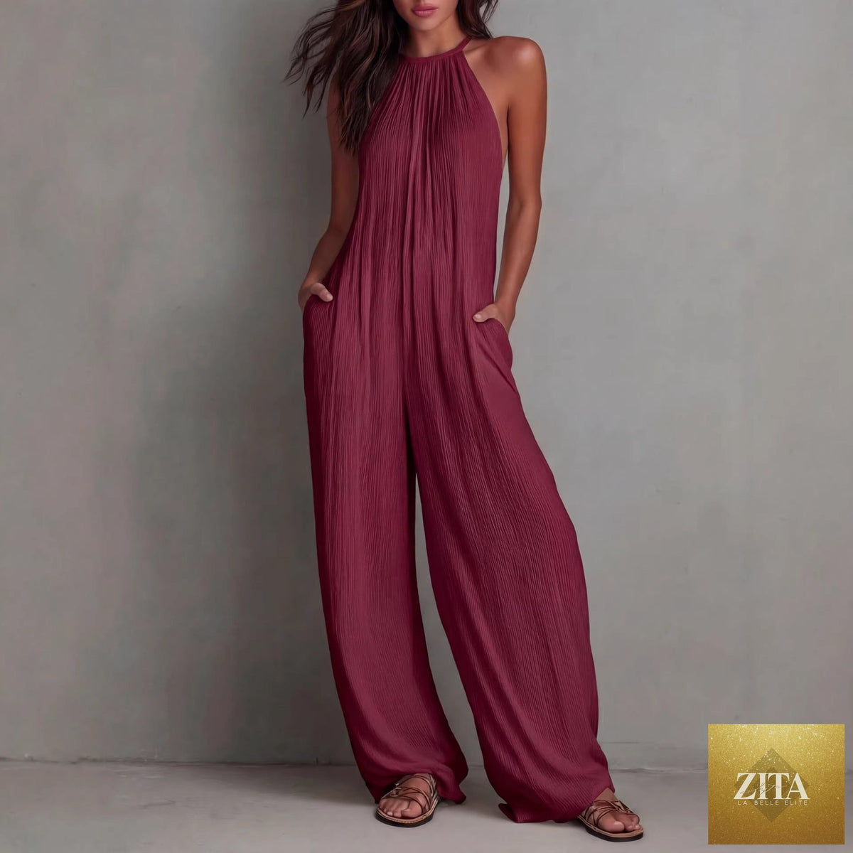Zita La Belle Elite women's sleeveless open-back wide-leg pleated jumpsuit, casualwear, stylish and comfortable for warm weather.