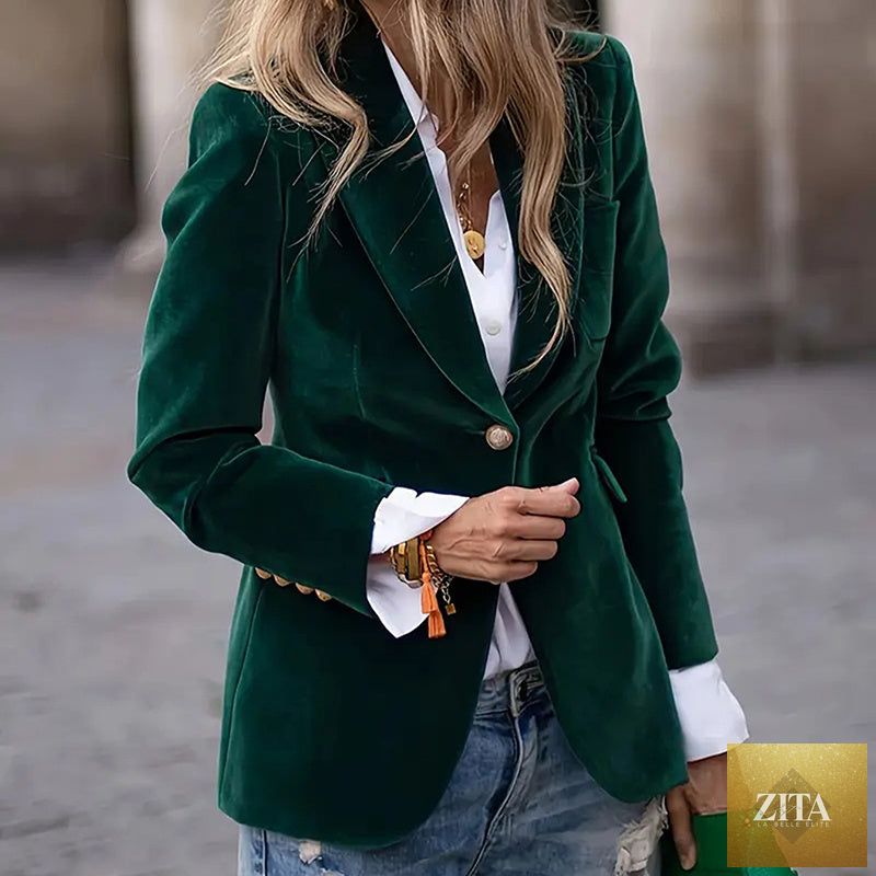 Women’s slim-fit notch-lapel blazer by FitiqueFit, casualwear style, shown in a tailored fit with classic lapel and sleek design.