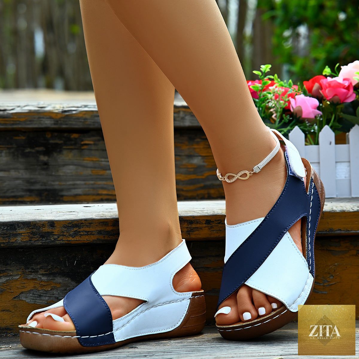 Women’s colorblock crossed wedge sandals by Zita La Belle Elite, featuring stylish design and comfortable footwear for summer.