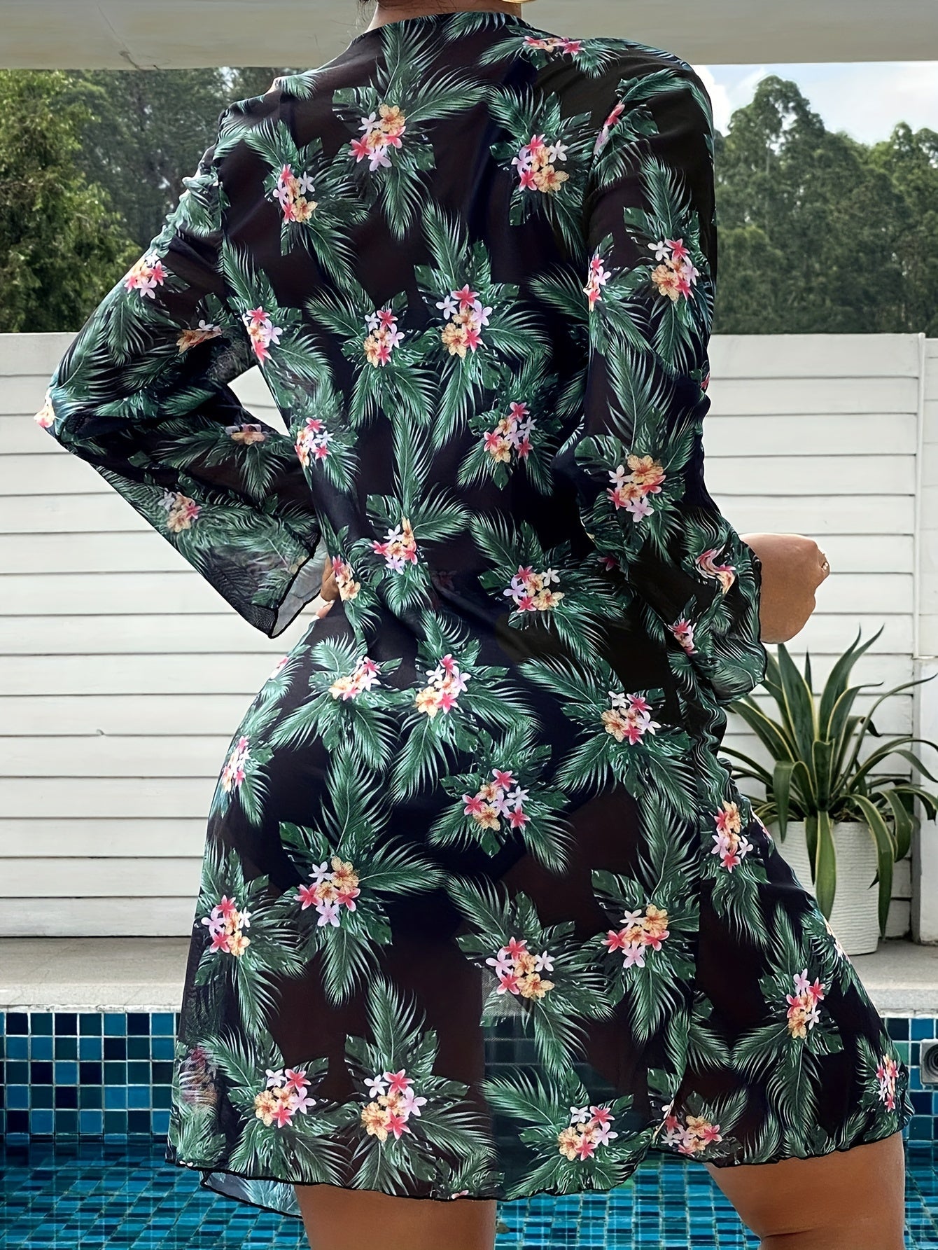 Stevvex tropical print 3-piece bikini set with high stretch fabric, crew neck mesh cover-up, perfect for summer beach and poolside wear.