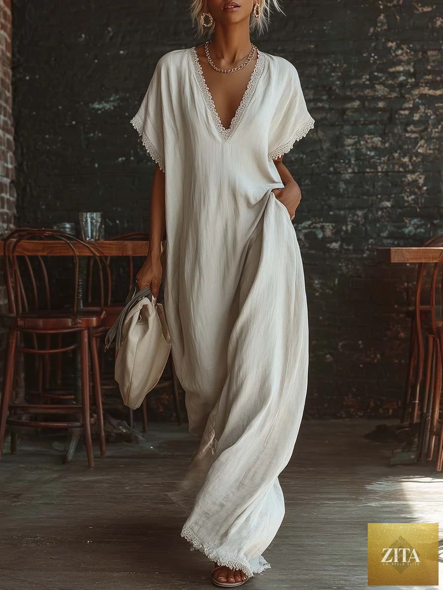 Lace-trimmed loose linen cotton long dress for women, casualwear by Zita La Belle Elite, featuring a relaxed fit and elegant details.