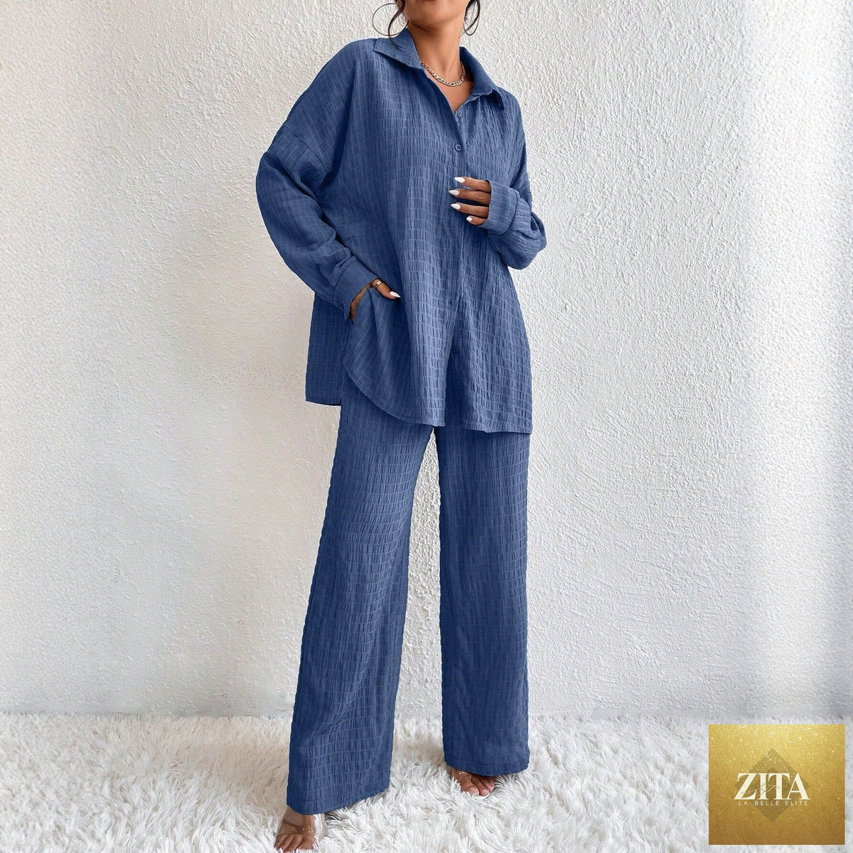 Zita La Belle Elite women's casual pleated long sleeve lapel two-piece set with loose top and pants, stylish and comfortable.