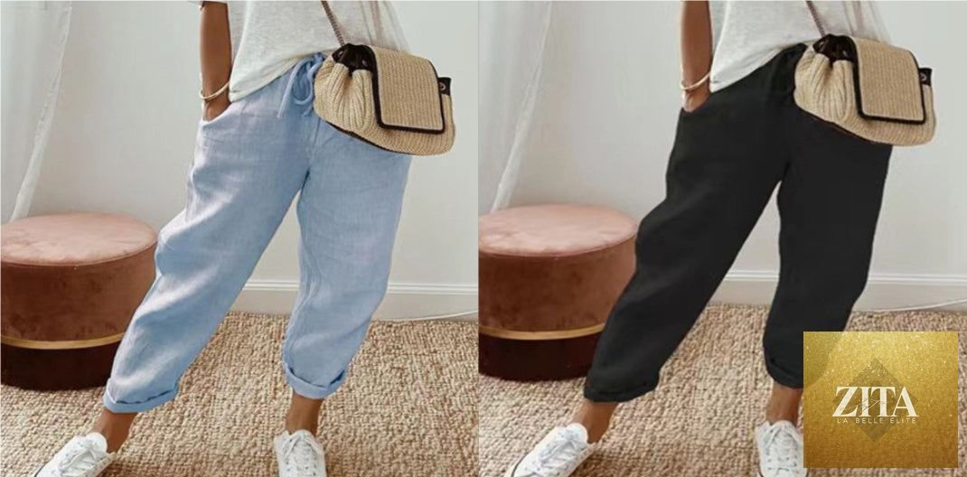 Women’s cotton linen casual pants in solid color by FitiqueFit, featuring a relaxed fit and comfortable waistband.