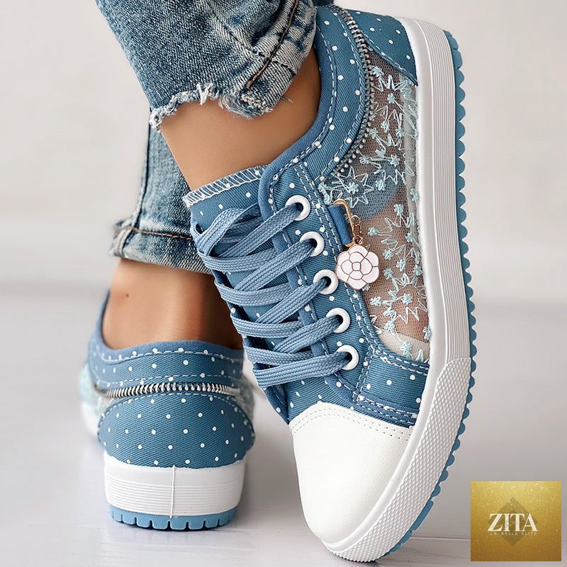 Women's floral embroidered polka dot print sneakers by FitiqueFit, casual canvas shoes with colorful embroidered flower details.