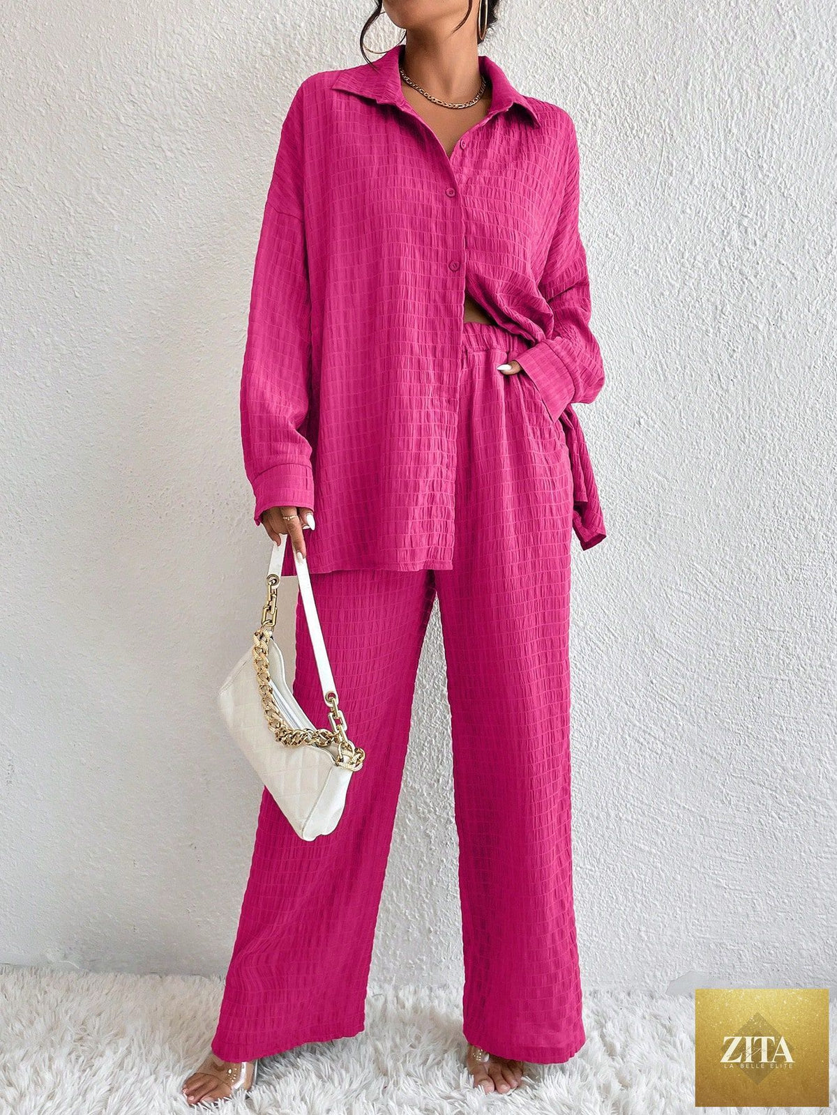 Zita La Belle Elite women's casual pleated two-piece set with long sleeves, lapel top and matching pants, stylish and comfortable.