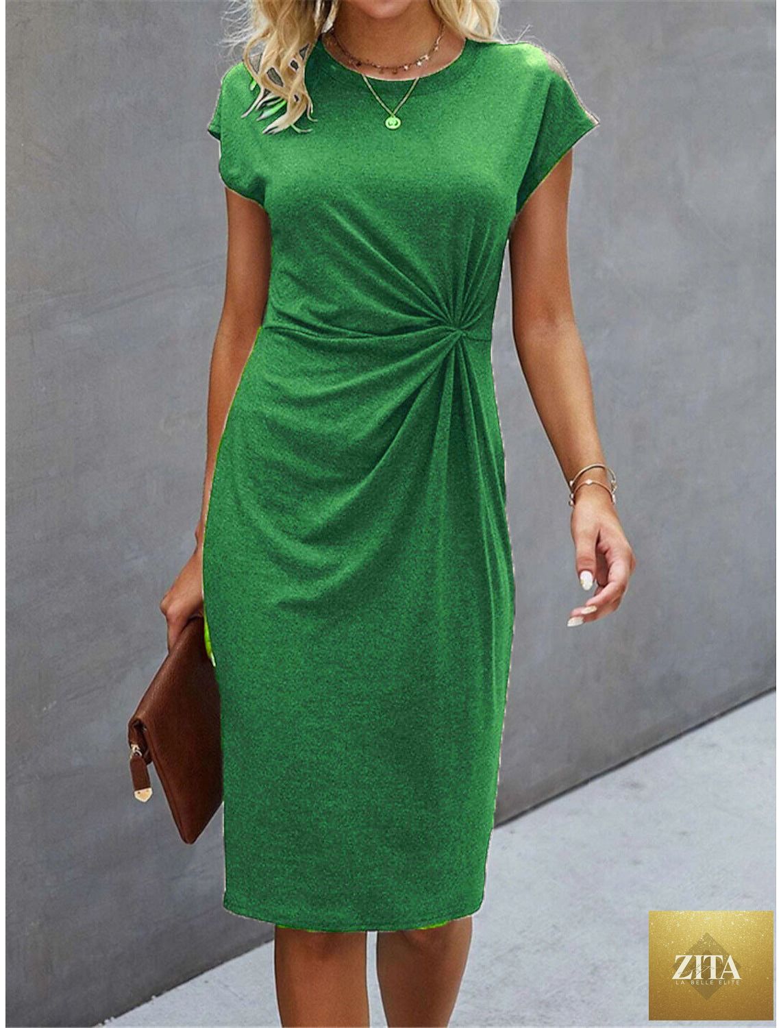 FitiqueFit front knot bodycon midi dress featuring a round neck, sleeveless design, and tie detail in a sleek, form-fitting style.