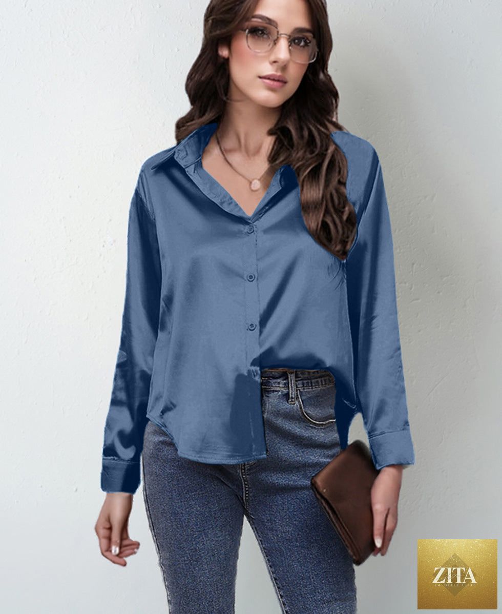Women’s satin lapel button-down blouse by FitiqueFit, shown in a casualwear style with a smooth satin finish and classic collar.