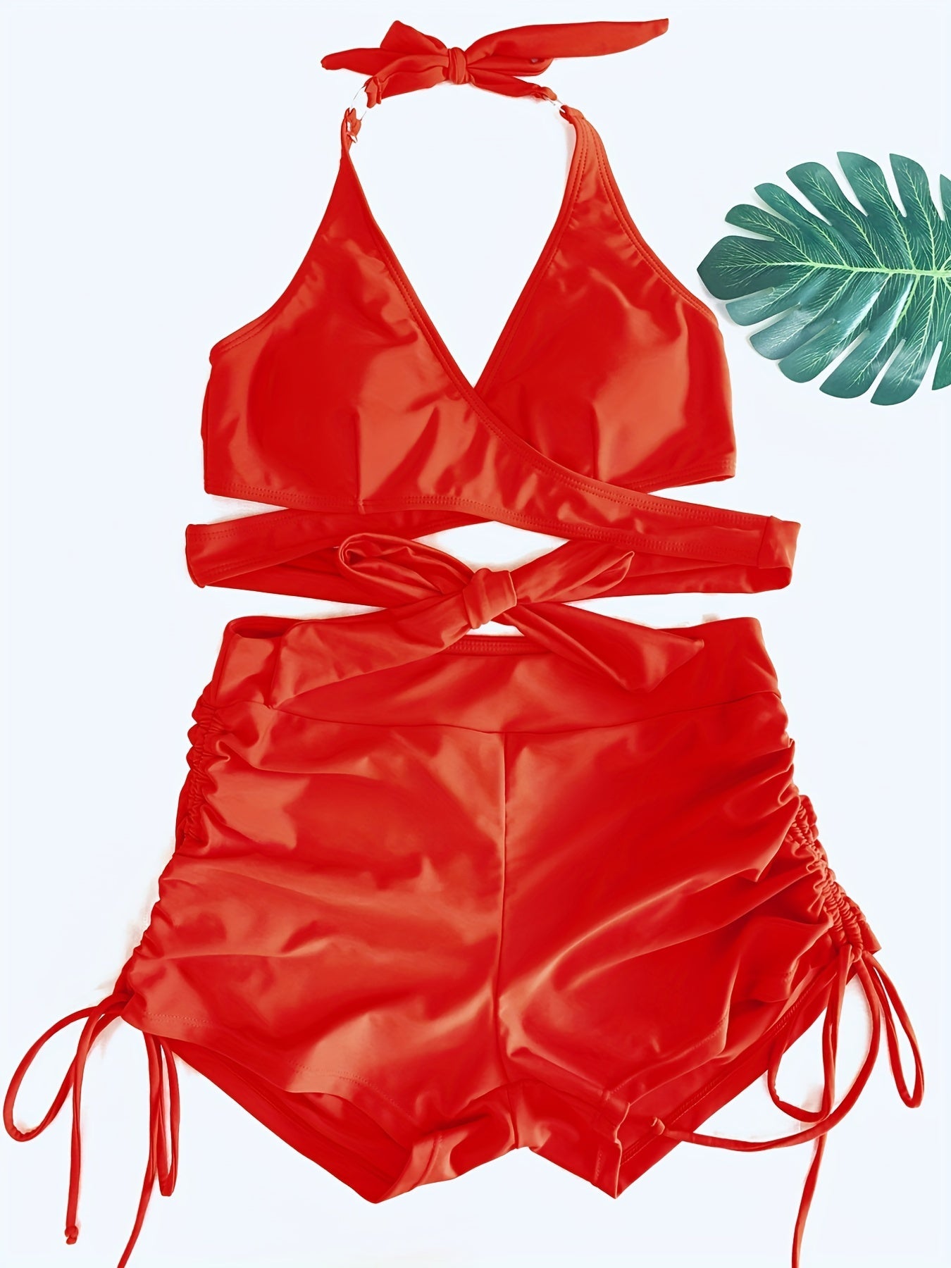 Stevvex Coastal Curve halter bikini set for women with V-neck, crisscross drawstring, ring detail, and high-waisted boxer bottoms.
