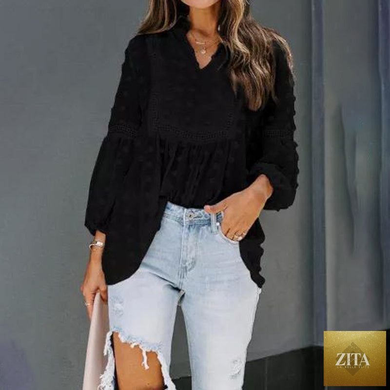 Women’s long-sleeve V-neck casual blouse by FitiqueFit, featuring a stylish and comfortable business casual design.