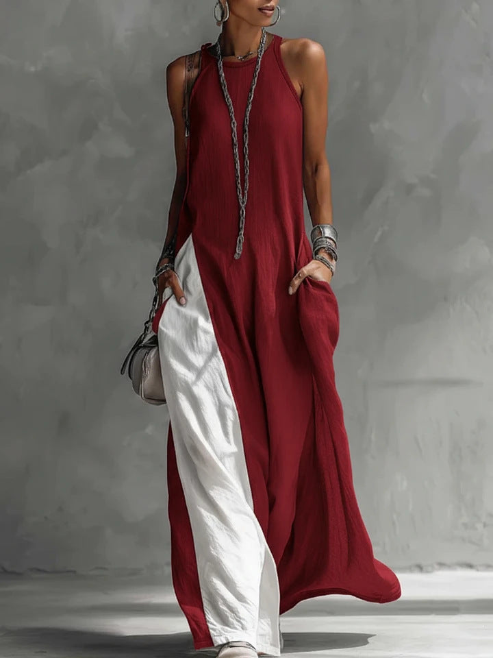 Women’s sleeveless off-shoulder loose maxi dress with pockets, casualwear by FitiqueFit, shown in a relaxed, flowing style.
