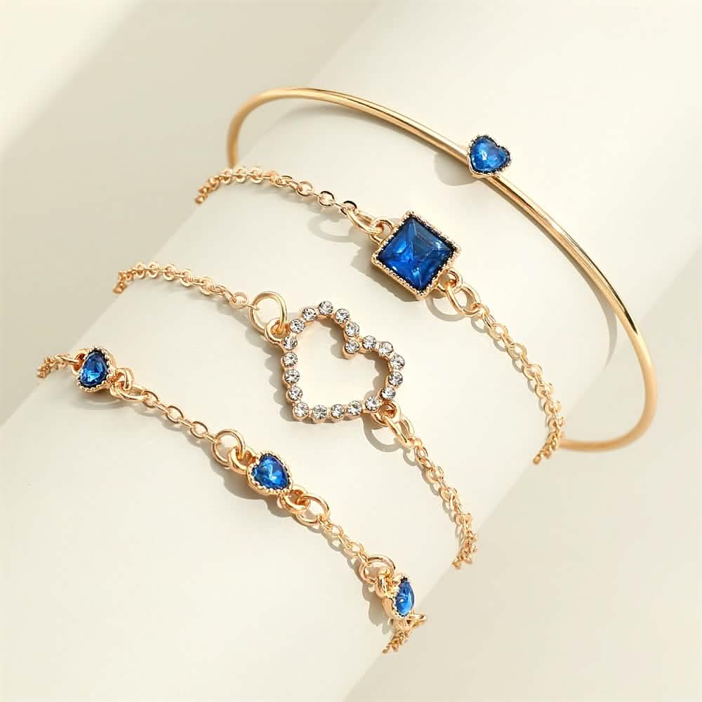 Set of four rhinestone alloy bracelets featuring minimalist heart and square designs, perfect for stylish jewelry accessories.