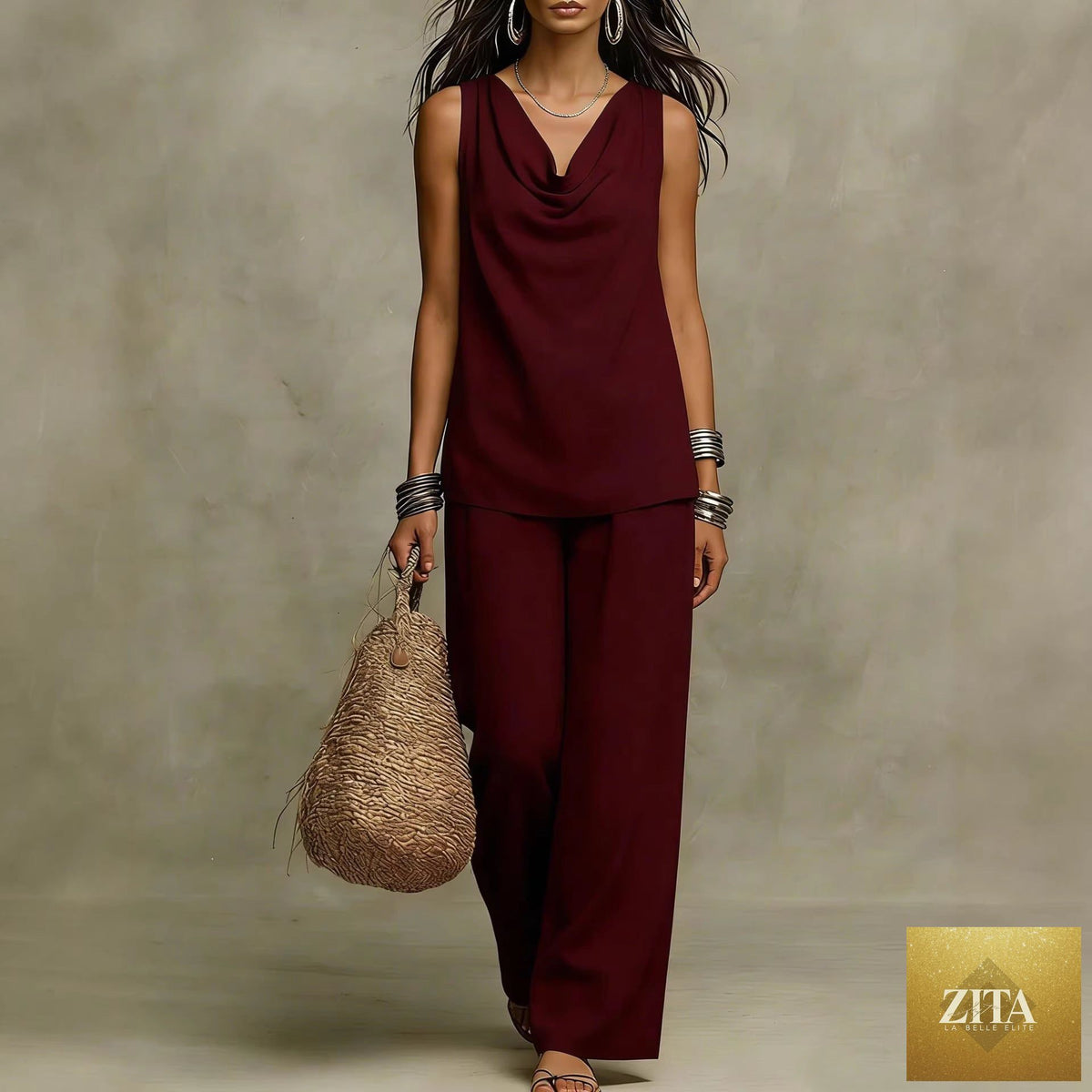 Women's sleeveless slash-neck tank top and casual pants set by Zita La Belle Elite, shown in a relaxed, stylish casualwear outfit.