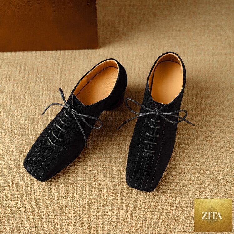 Women's retro Zita La Belle Elite sheepskin square toe chunky heel pumps with lace-up mid heel, stylish and comfortable footwear.