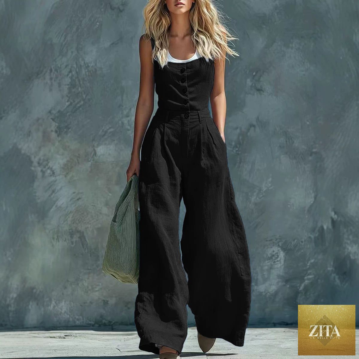 Women's retro high-waist wide-leg jumpsuit by Zita La Belle Elite featuring vintage button closure and elegant style.