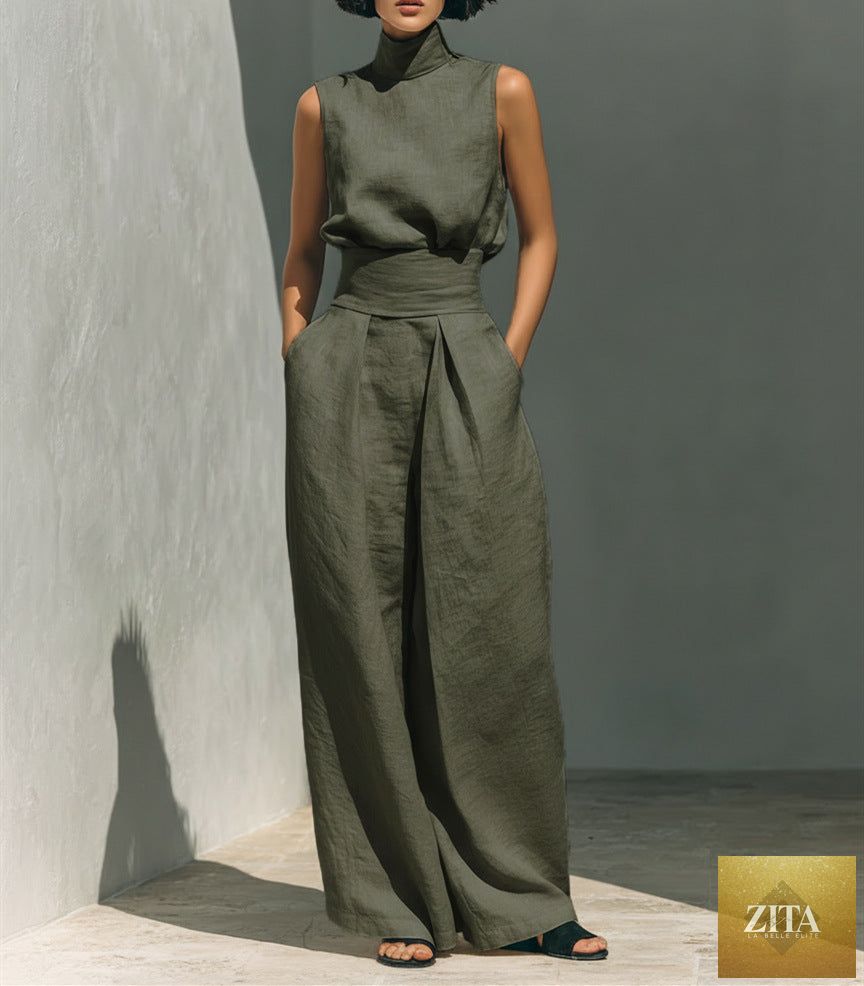 Casual sleeveless summer suit for women featuring a stand-up collar pullover top and loose straight-leg trousers, in light fabric.
