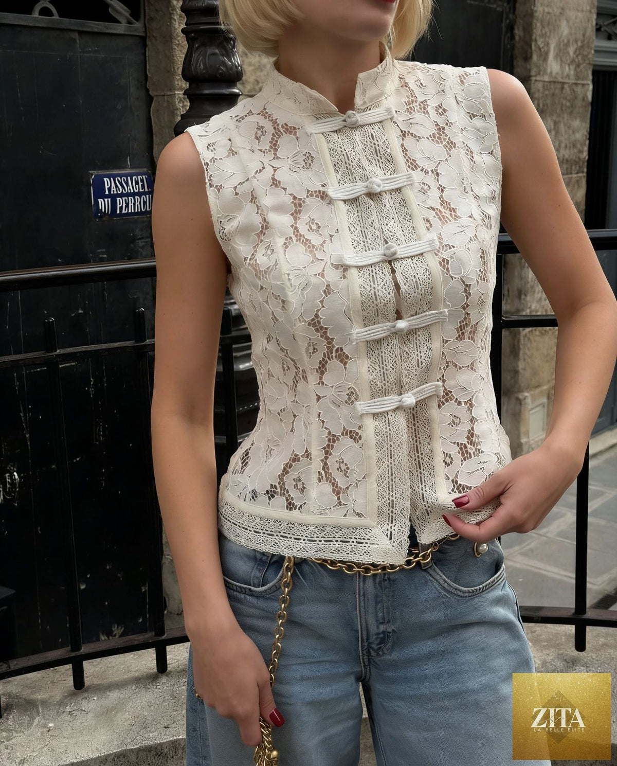 Zita La Belle Elite lace crochet sleeveless top with stand collar, slim fit, available in three colors, size S to L.