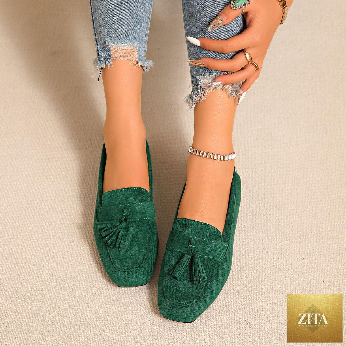 Women's suede square toe tassel slip-on loafers from FitiqueFit, casual flat shoes with tassel details and comfortable slip-on design.