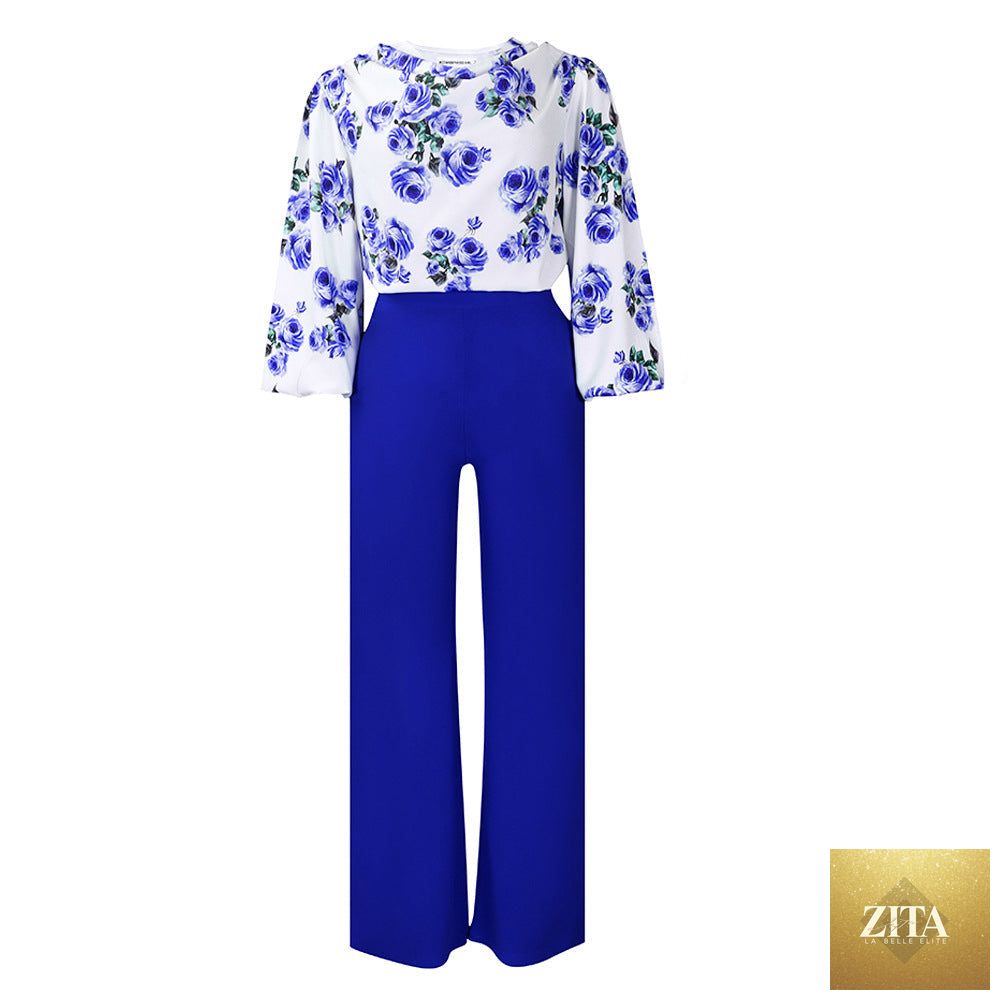 Printed floral lace-up top and wide-leg pants set by Zita La Belle Elite in four colors, casualwear, size S–3XL, featuring floral patterns.