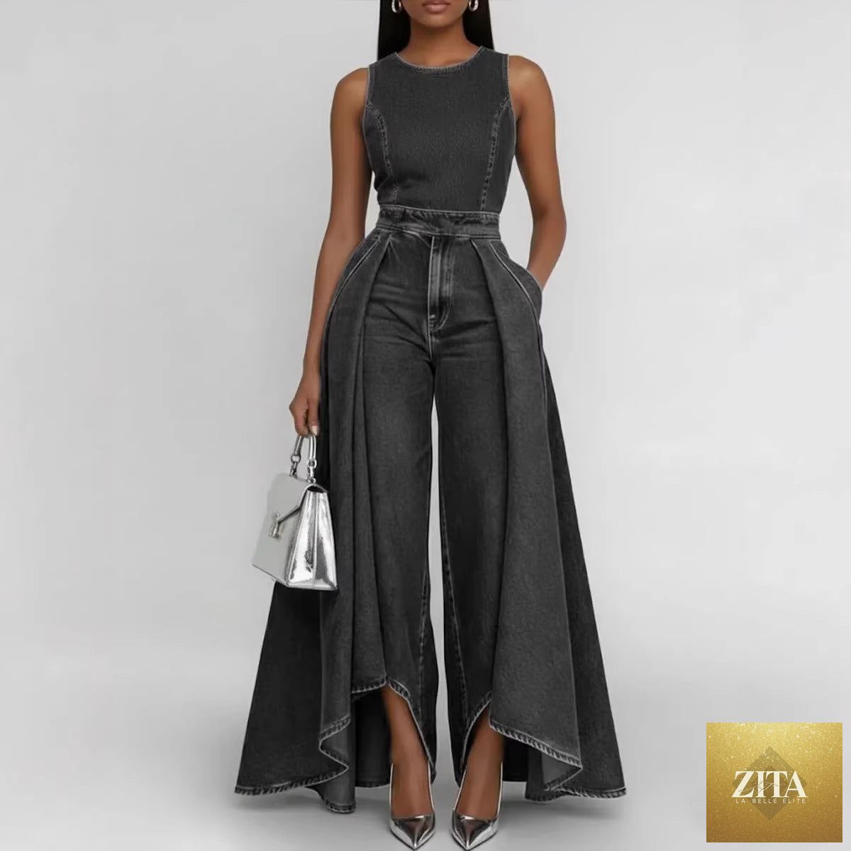 Women’s sleeveless wide-leg denim jumpsuit by FitiqueFit, casualwear, featuring a crew neckline and relaxed fit.