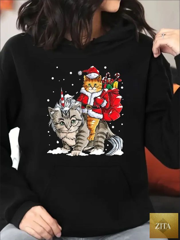 Plus size Christmas cat hoodie from FitiqueFit, featuring festive holiday design and comfortable streetwear style for women.