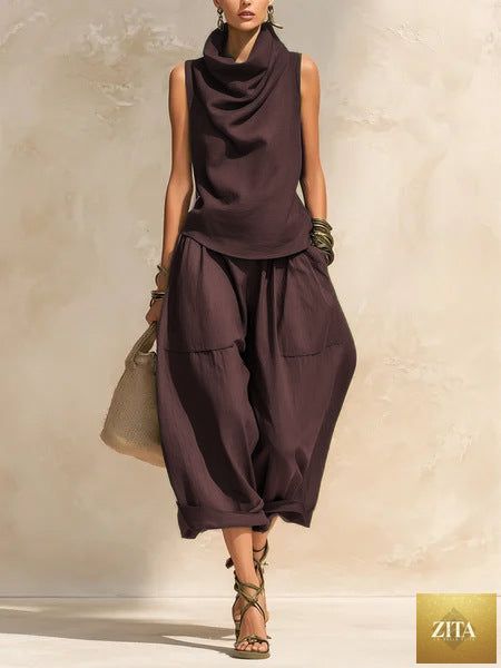 Women's Draped Cowl-Neck Sleeveless Top & Voluminous Balloon Lantern Trouser Set