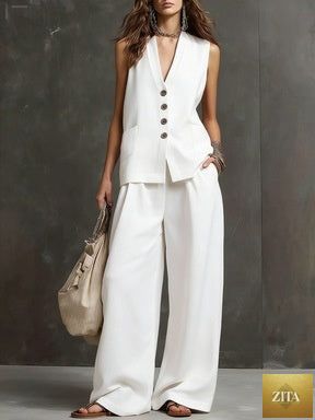Zita La Belle Elite women's casual sleeveless vest and wide-leg pants two-piece set in various colors, styled for a relaxed look.