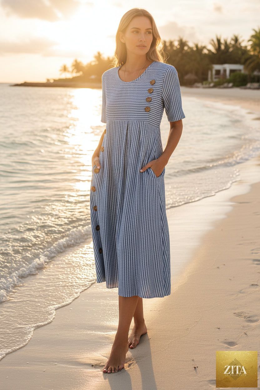 Zita La Belle Elite button-down swing maxi dress with short sleeves, pockets, and a pullover design, styled for casual wear.