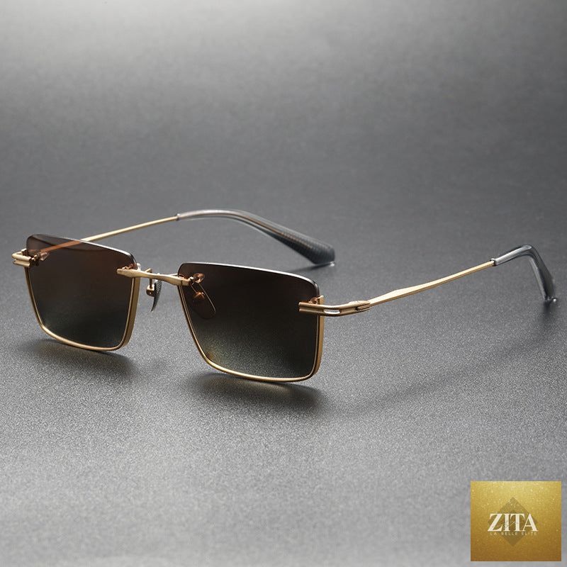 Pure titanium polarized sunglasses with retro British style, featuring sleek frames and dark tinted lenses, by FitiqueFit.