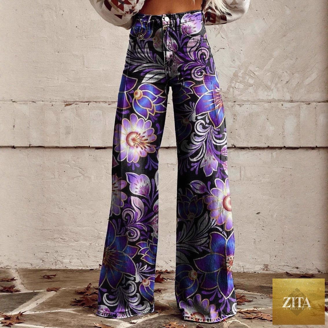 Women's printed flare pants by Zita La Belle Elite, mid-waist, full-length plus size casualwear with colorful floral pattern.