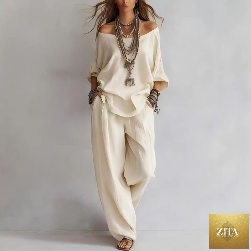 Women's casual off-shoulder top and wide-leg pants set by Zita La Belle Elite, featuring stylish, comfortable summer fashion.