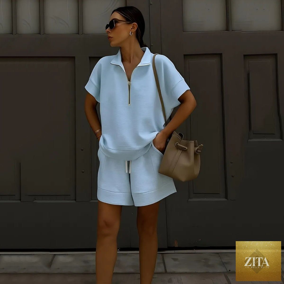 Zita La Belle Elite women's solid color casual sweatshirt set with short top and matching pants, comfortable loungewear outfit.