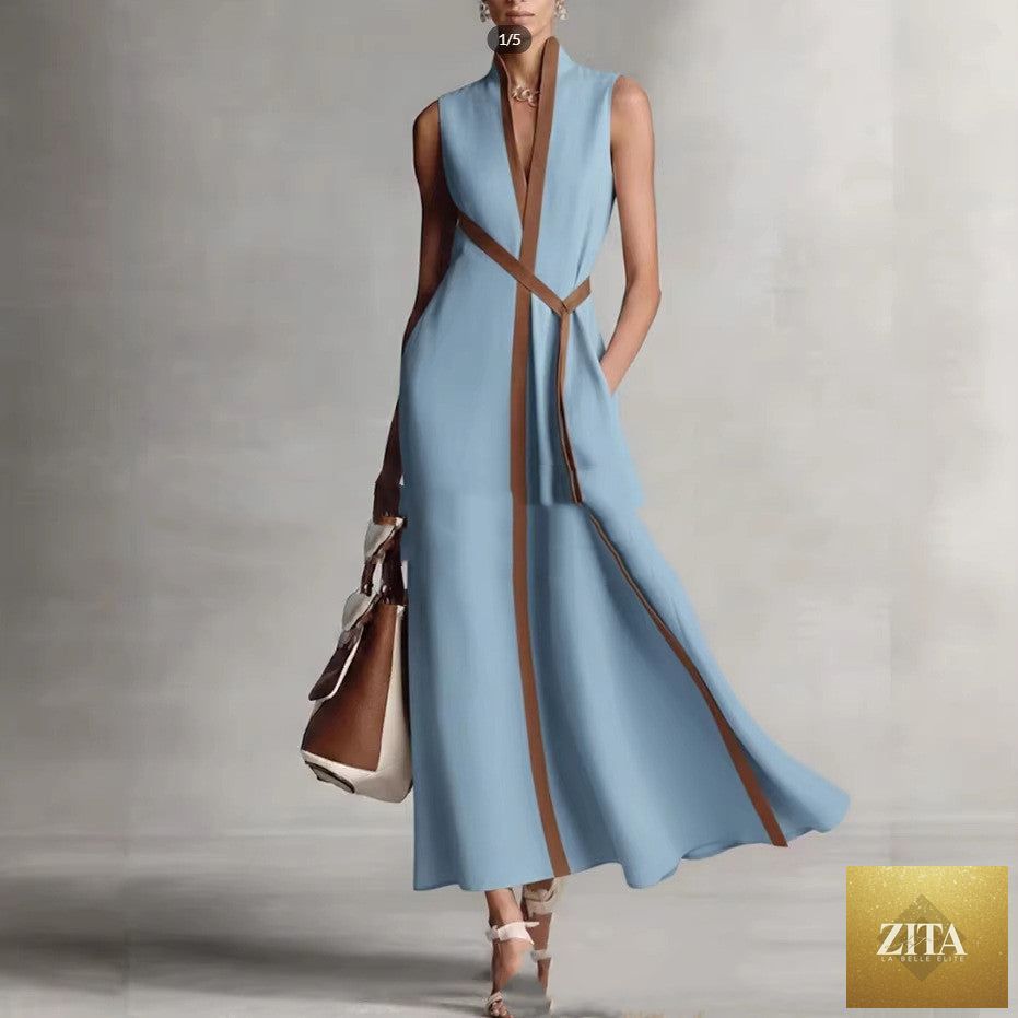 Women's patchwork cardigan and wide-leg linen pants set by Zita La Belle Elite, showcasing a stylish colorblock casualwear look.