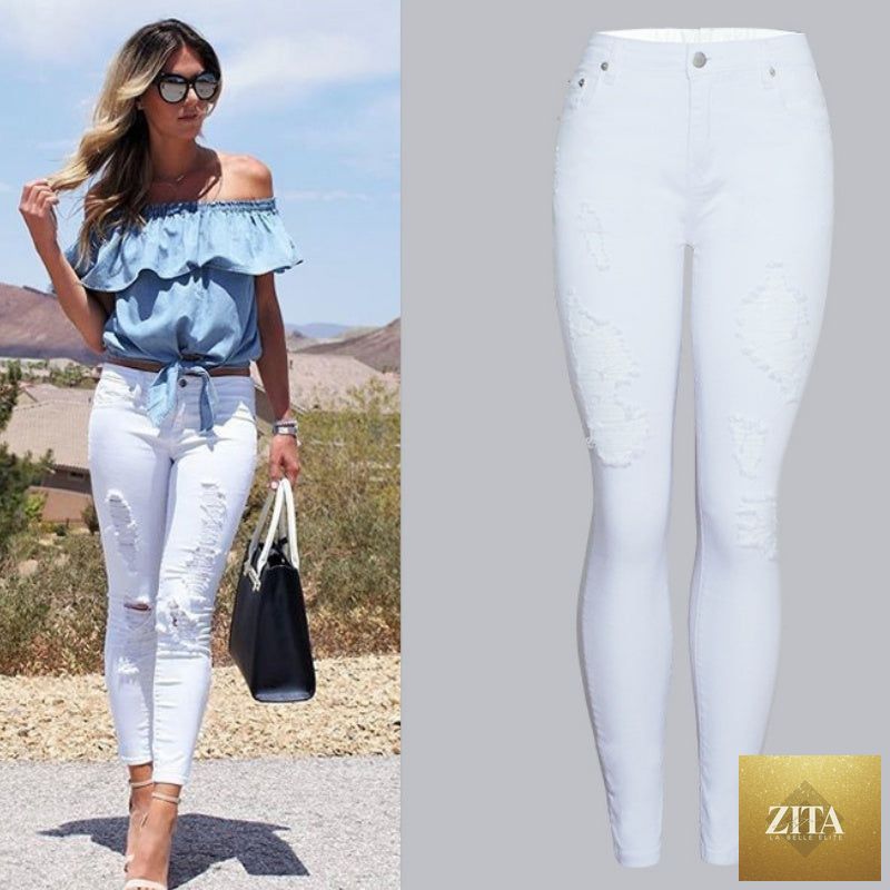 White ripped skinny pants for women, slim-fit solid-color design by My Store, shown on a model in a casual setting.
