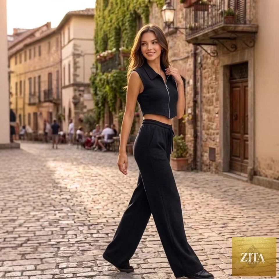 Zita La Belle Elite women's sleeveless vest and wide-leg pants casualwear set, featuring a sleeveless vest and flowing wide-leg pants.